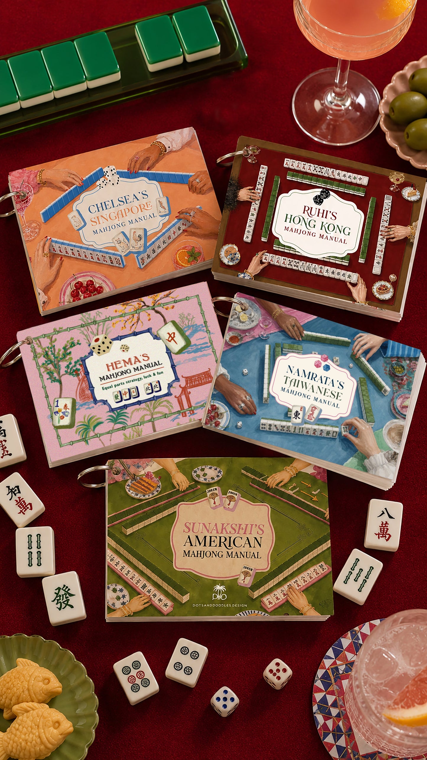 Indian, American, Taiwanese, Hong Kong and Singapore mahjong manuals by Dots and Doodles